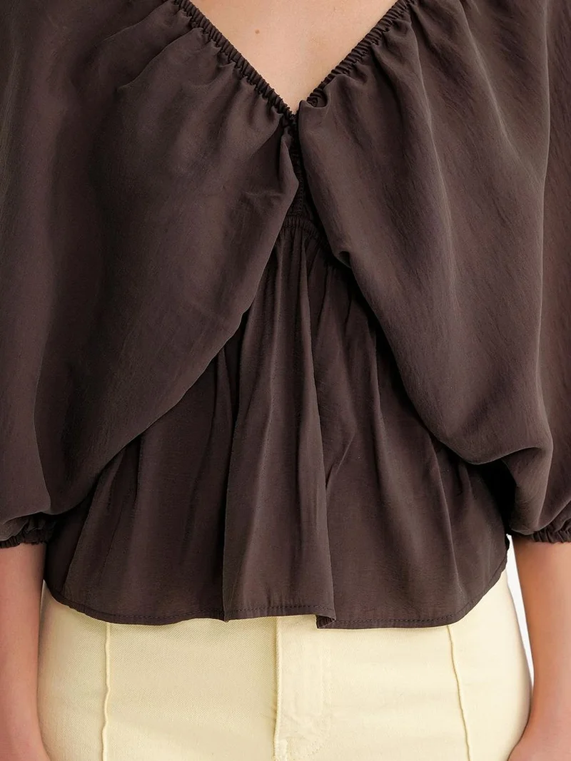 MixRay Coffee Brown Mixray V-Neck Blouse with Ruffle Detail for Women | Best Price UAE