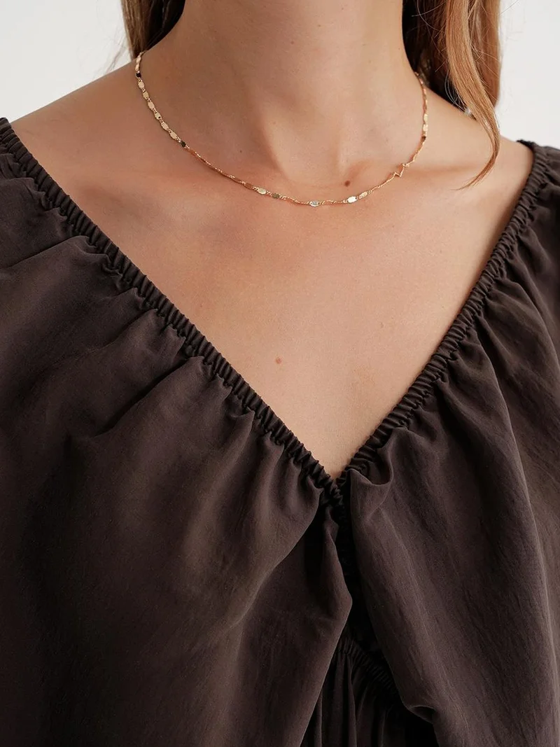 MixRay Coffee Brown Mixray V-Neck Blouse with Ruffle Detail for Women | Best Price UAE