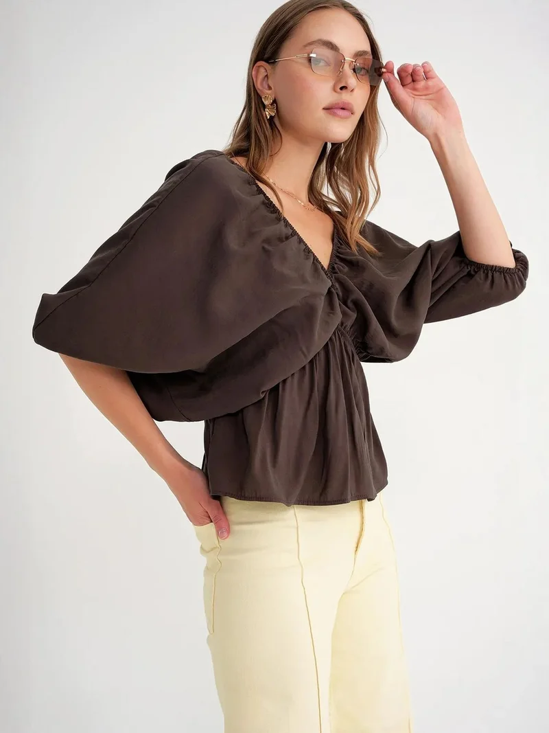 MixRay Coffee Brown Mixray V-Neck Blouse with Ruffle Detail for Women | Best Price UAE