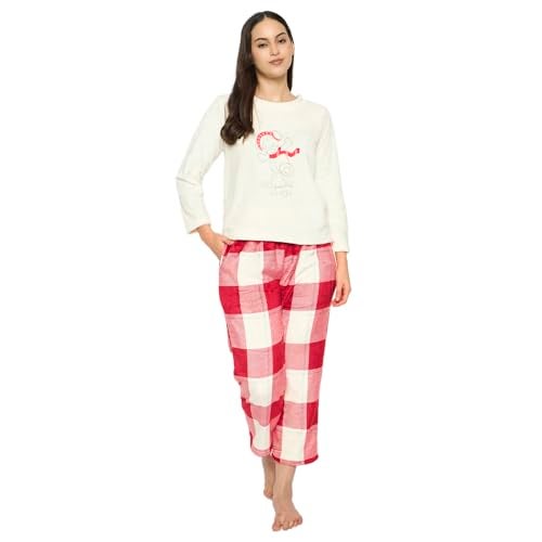 CAMEY Women's Printed Full Sleeve Round-Neck Top and Pyjama Pants with Pockets (Cream, XS) - Image 1