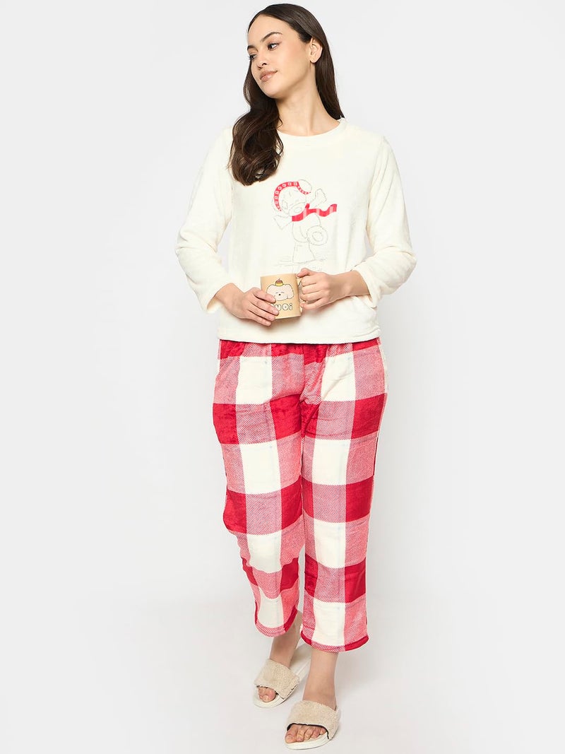 CAMEY Women's Printed Full Sleeve Round-Neck Top and Pyjama Pants with Pockets (Cream, XS) - Image 2