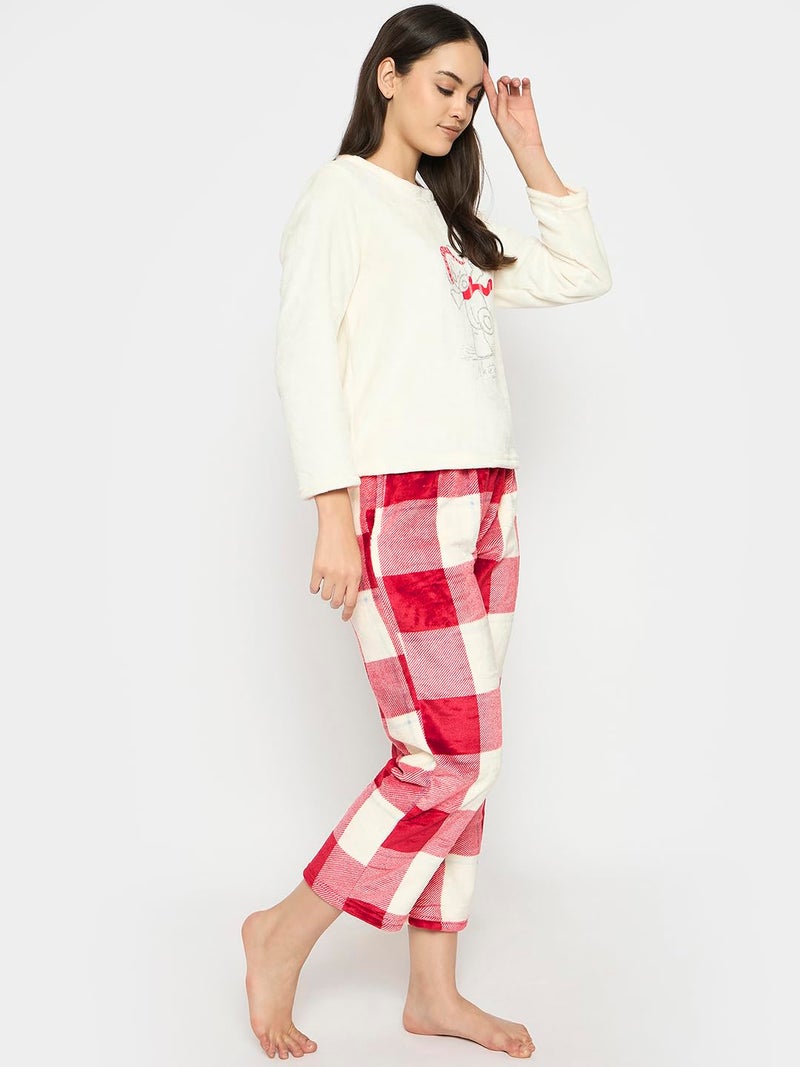 CAMEY Women's Printed Full Sleeve Round-Neck Top and Pyjama Pants with Pockets (Cream, XS) - Image 4