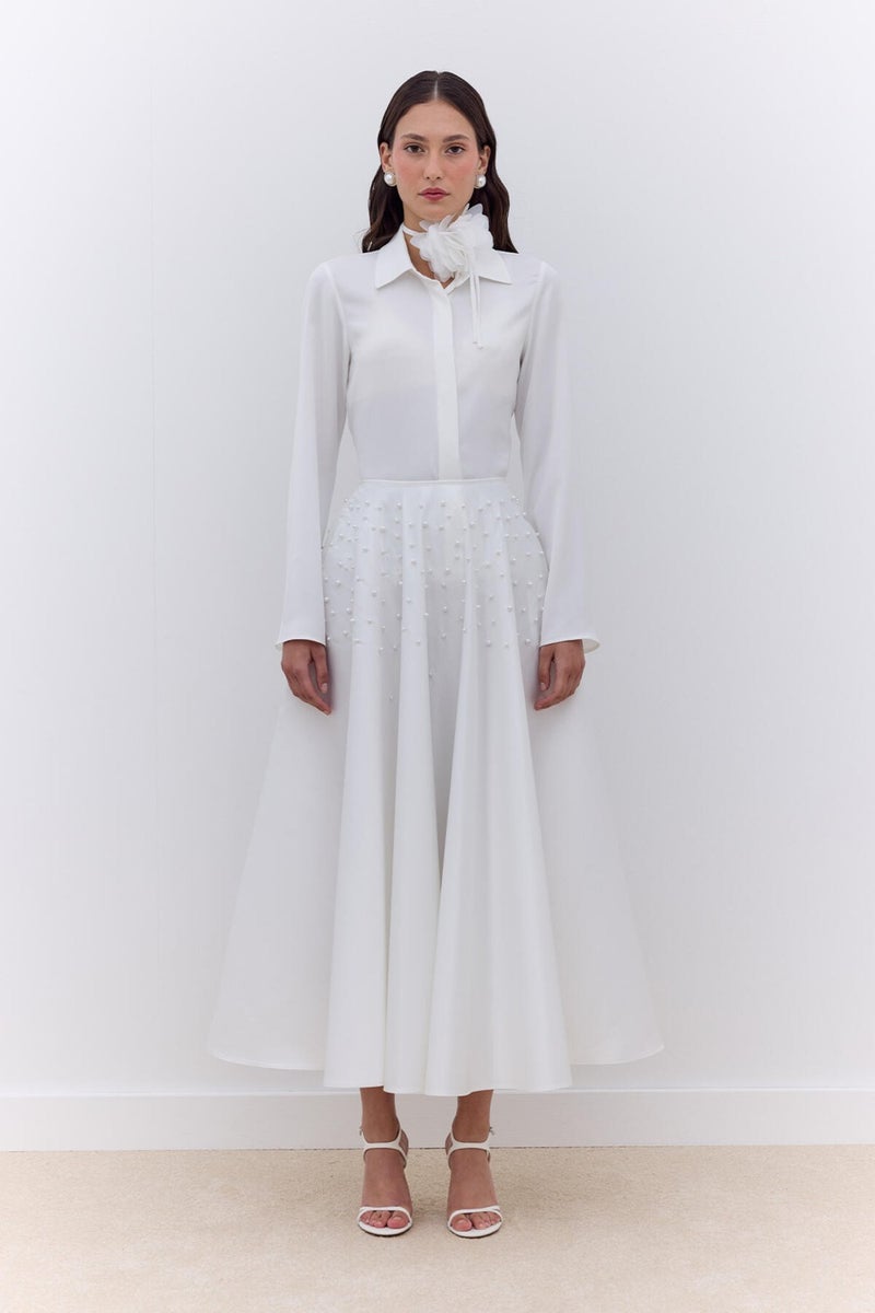 Manuka Pearled Flared Evening Skirt Ecru  - Image 1