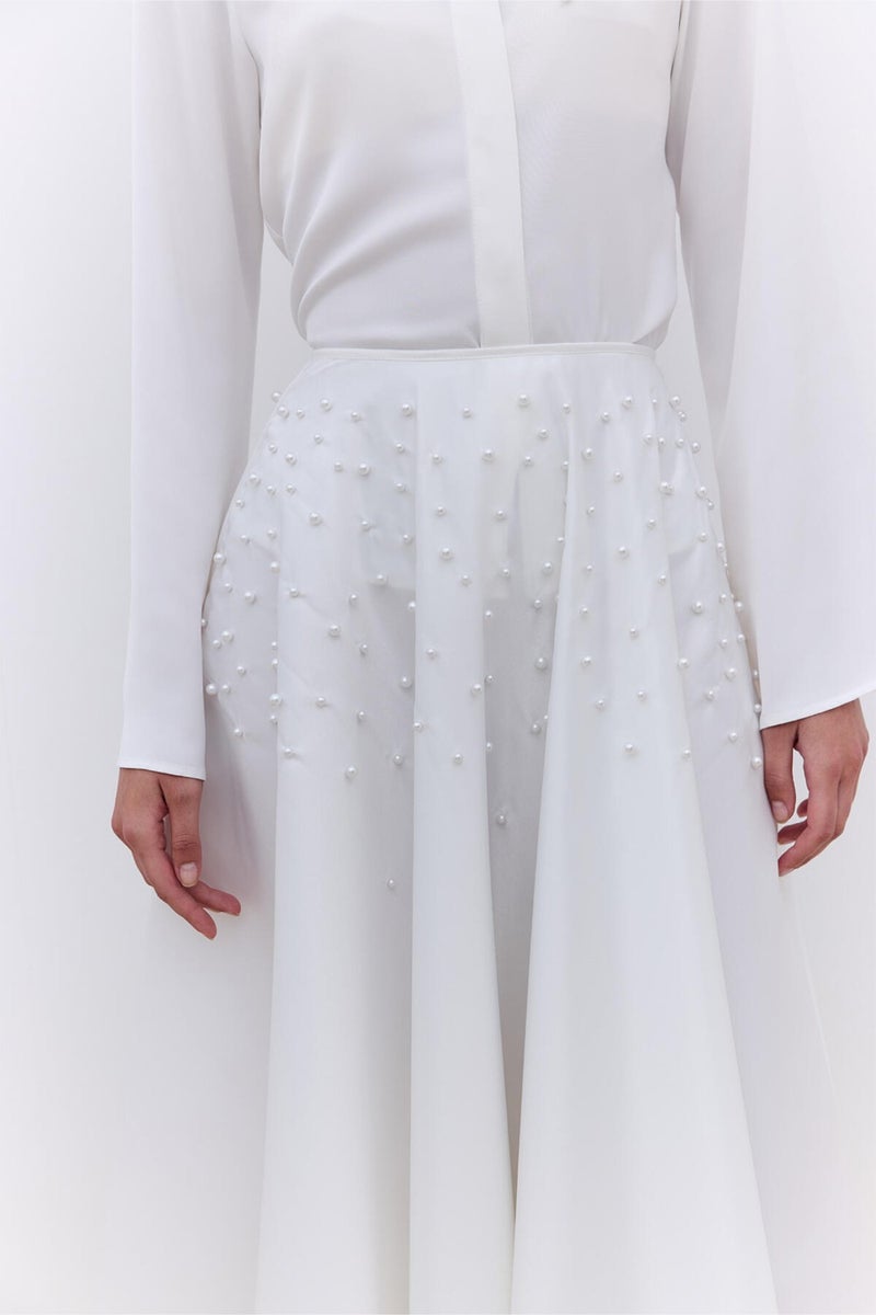 Manuka Pearled Flared Evening Skirt Ecru  - Image 3