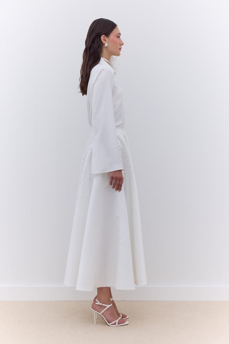 Manuka Pearled Flared Evening Skirt Ecru  - Image 2