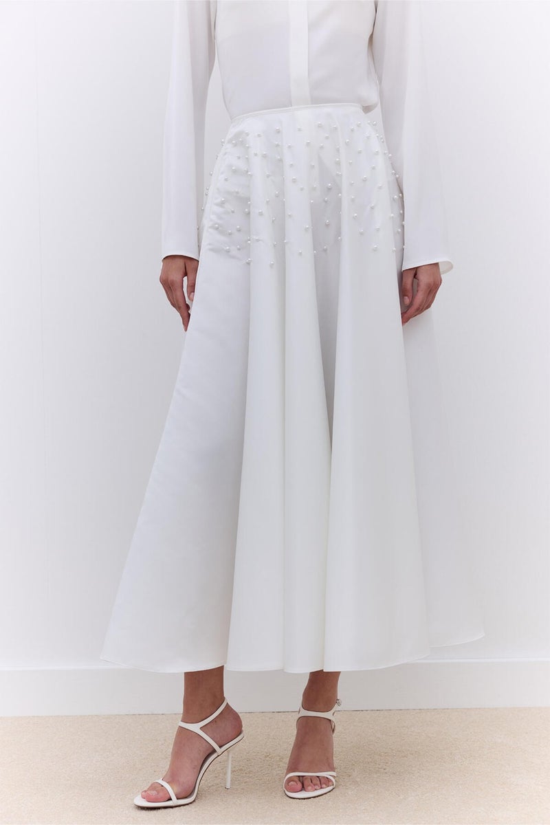 Manuka Pearled Flared Evening Skirt Ecru  - Image 4