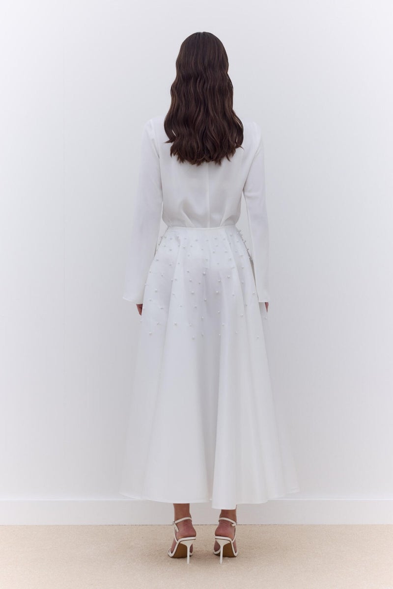 Manuka Pearled Flared Evening Skirt Ecru  - Image 5