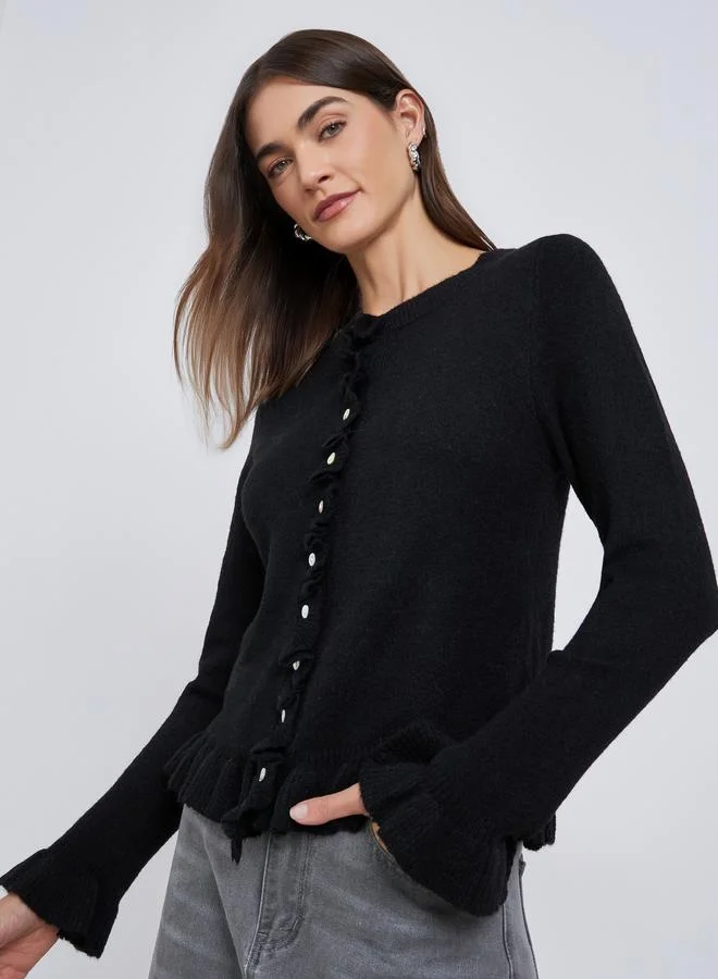 Styli Styli Black Regular Fit Ruffle Trim Knit Cardigan