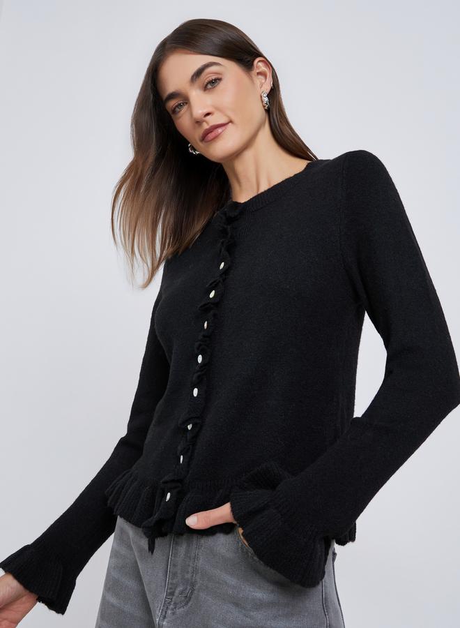 Styli Black Regular Fit Ruffle Trim Knit Cardigan - Image 1