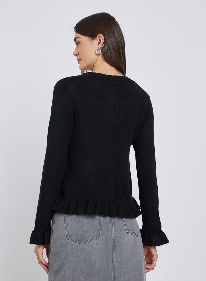 Styli Black Regular Fit Ruffle Trim Knit Cardigan - Image 4