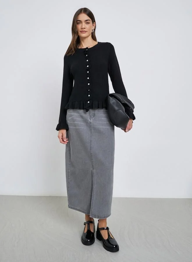 Styli Styli Black Regular Fit Ruffle Trim Knit Cardigan
