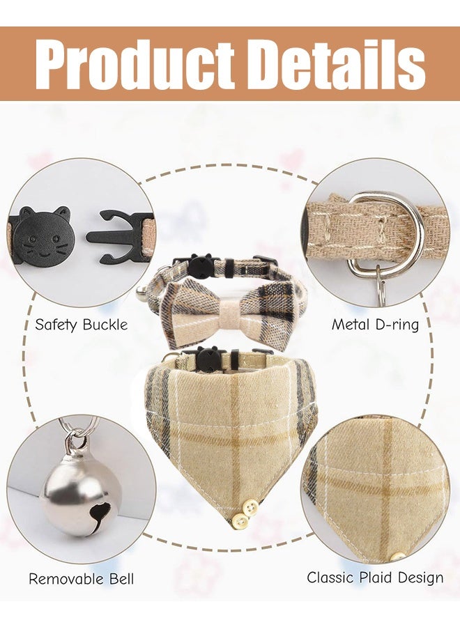 Cat Collar Breakaway with Bells and Bowtie, 2 Pack Cute Cat Bandana Collar, Classic Plaid Design with Safety Buckle Adjustable Size for Small Kitten Boys Girls,Beige - Image 3