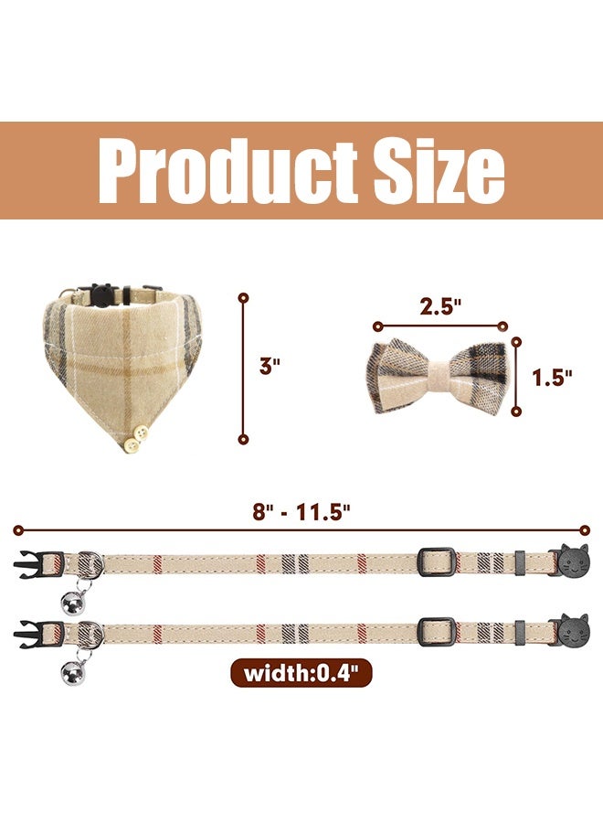 Cat Collar Breakaway with Bells and Bowtie, 2 Pack Cute Cat Bandana Collar, Classic Plaid Design with Safety Buckle Adjustable Size for Small Kitten Boys Girls,Beige - Image 2