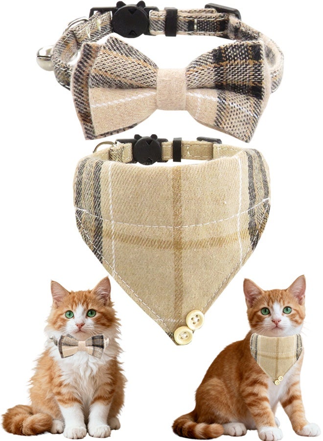 Cat Collar Breakaway with Bells and Bowtie, 2 Pack Cute Cat Bandana Collar, Classic Plaid Design with Safety Buckle Adjustable Size for Small Kitten Boys Girls,Beige - Image 1