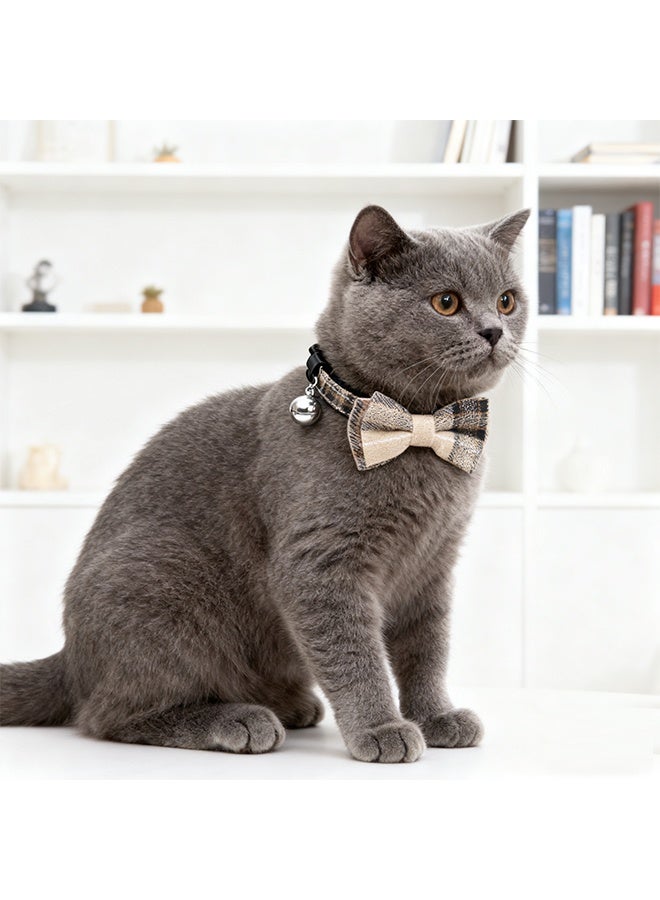 Cat Collar Breakaway with Bells and Bowtie, 2 Pack Cute Cat Bandana Collar, Classic Plaid Design with Safety Buckle Adjustable Size for Small Kitten Boys Girls,Beige - Image 4