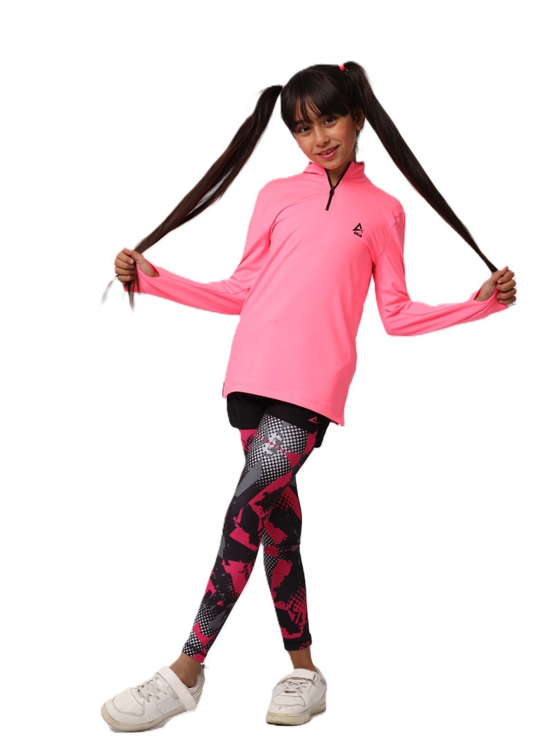 Girls' Neon Fuchsia Long Sleeve Sports T-Shirt – Dry Fit, Breathable Design