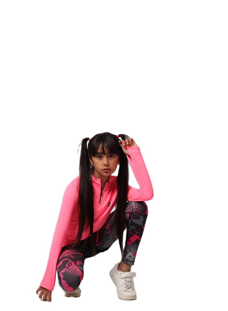 Girls' Neon Fuchsia Long Sleeve Sports T-Shirt – Dry Fit, Breathable Design