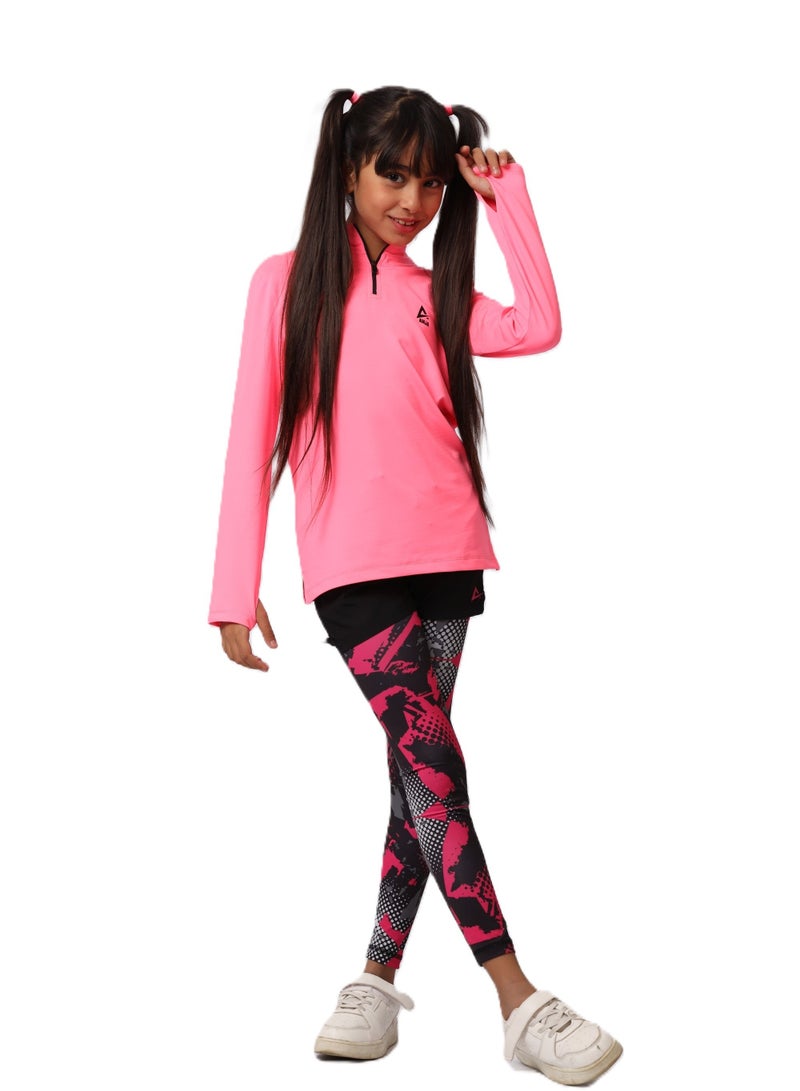 Girls' Neon Fuchsia Long Sleeve Sports T-Shirt – Dry Fit, Breathable Design