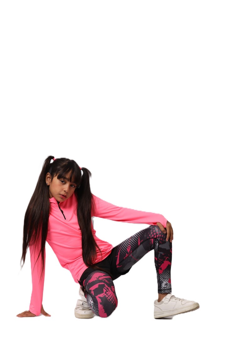 Girls' Neon Fuchsia Long Sleeve Sports T-Shirt – Dry Fit, Breathable Design