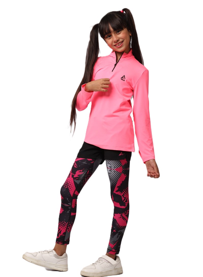 Girls' Neon Fuchsia Long Sleeve Sports T-Shirt – Dry Fit, Breathable Design