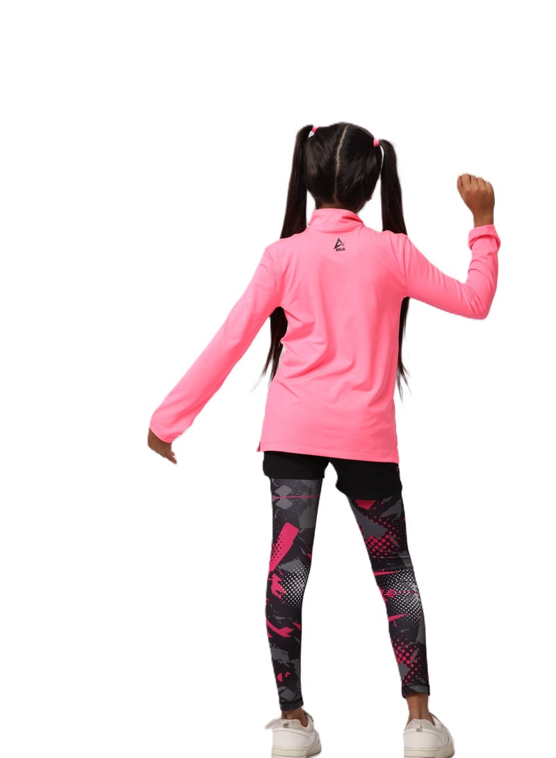 Girls' Neon Fuchsia Long Sleeve Sports T-Shirt – Dry Fit, Breathable Design
