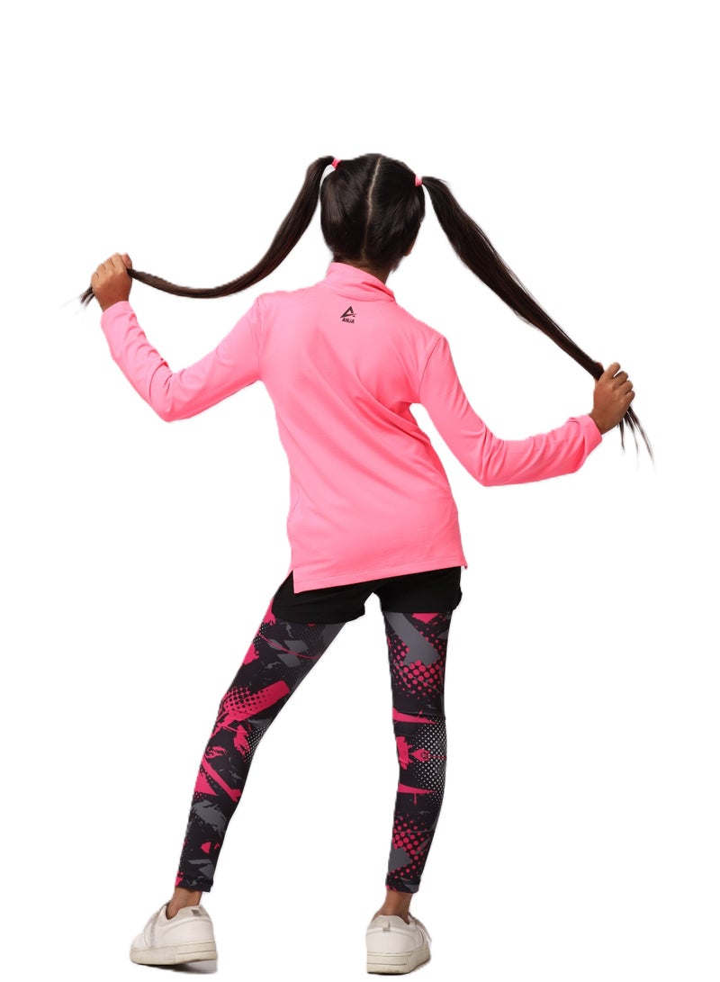 Girls' Neon Fuchsia Long Sleeve Sports T-Shirt – Dry Fit, Breathable Design