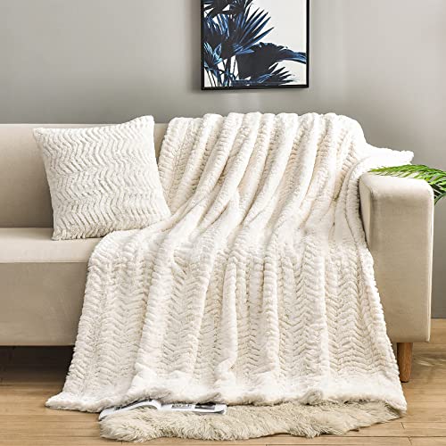 YUSOKI Luxury Faux Fur Throw Blanket(Without Pillows) 2 Layers,3lb,All Ages,Home Decoration, (Ivory,50" x 63") - Image 1