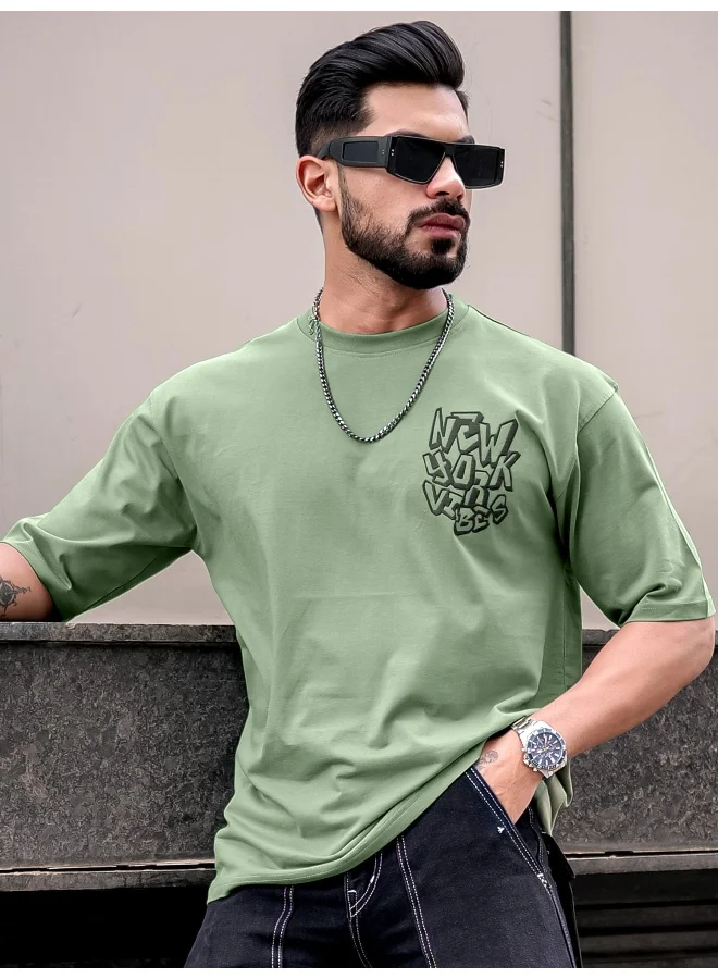 Maniac Mens Printed Round Neck 3/4th Sleeve Hunter Green and Black Cotton Oversized T-Shirt
