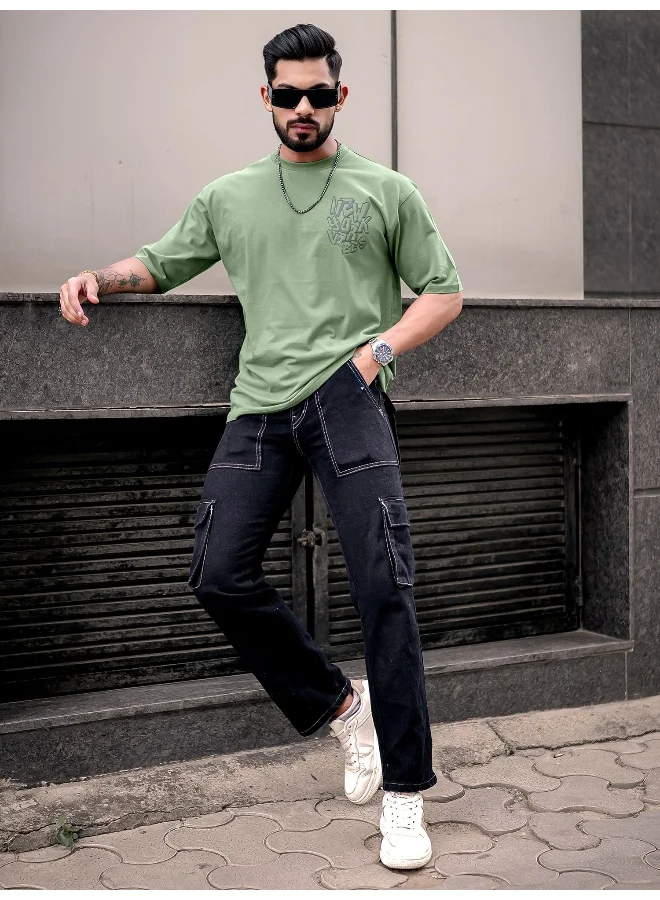 Maniac Mens Printed Round Neck 3/4th Sleeve Hunter Green and Black Cotton Oversized T-Shirt