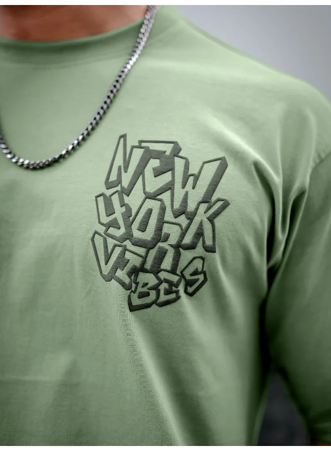 Maniac Mens Printed Round Neck 3/4th Sleeve Hunter Green and Black Cotton Oversized T-Shirt