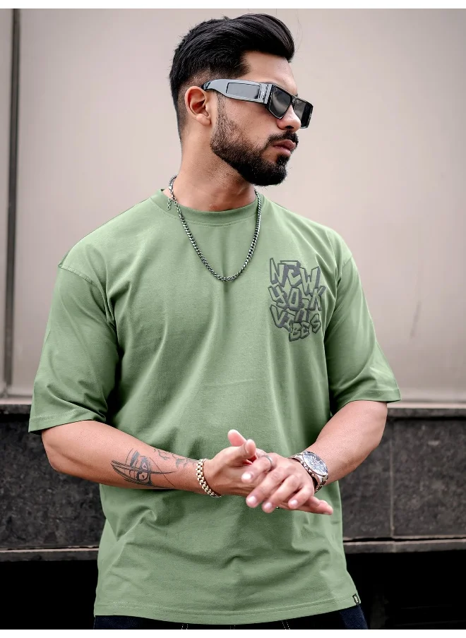 مانياك Mens Printed Round Neck 3/4th Sleeve Hunter Green and Black Cotton Oversized T-Shirt