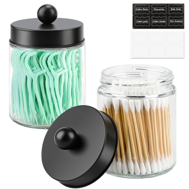 Goramio Goramio 2 Pack Glass Apothecary Jars with Lids for Bathroom Cute Qtip Holder Black Bathroom Accessories Set Small Bathroom Canisters with Lids for QTips Cotton Swabs Black Bathhouses Decor 