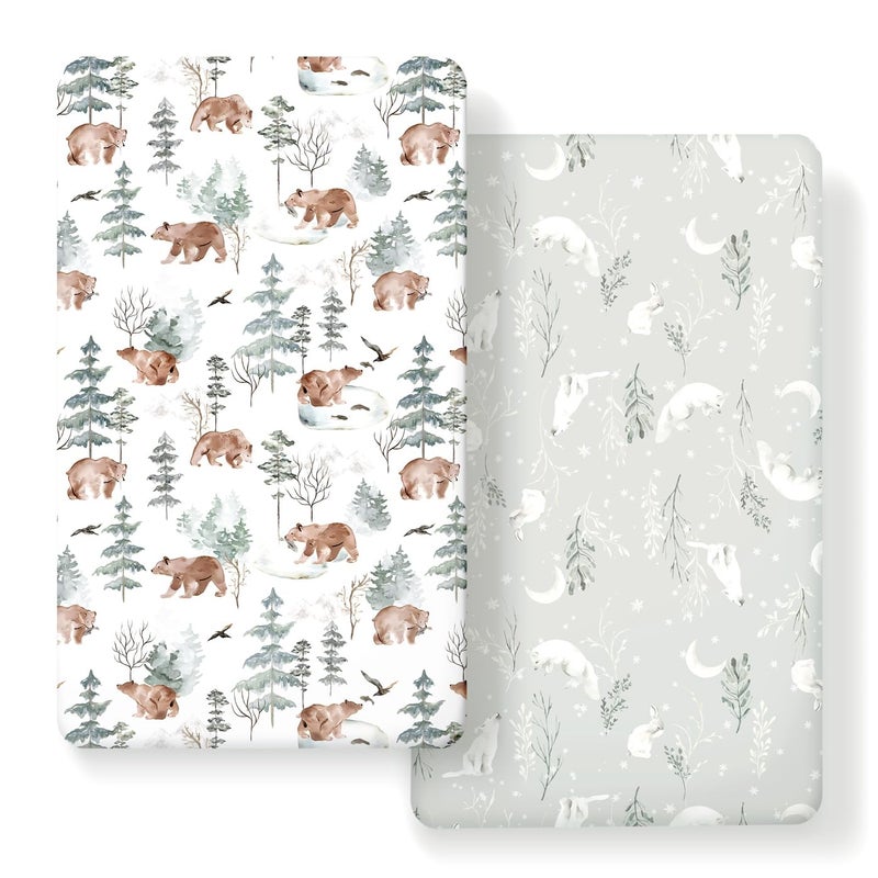 Stretchy Ultra Soft Jersey Knit Fitted Crib Sheets Set 2 PackFit All Standard Crib Mattress Pads Safe and Snug Stylish Pattren of Bear and Wolf Print