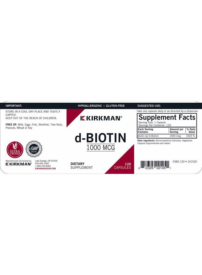Kirkman d-Biotin 1000 mcg Capsules - Hypo - 120 count - Image 3