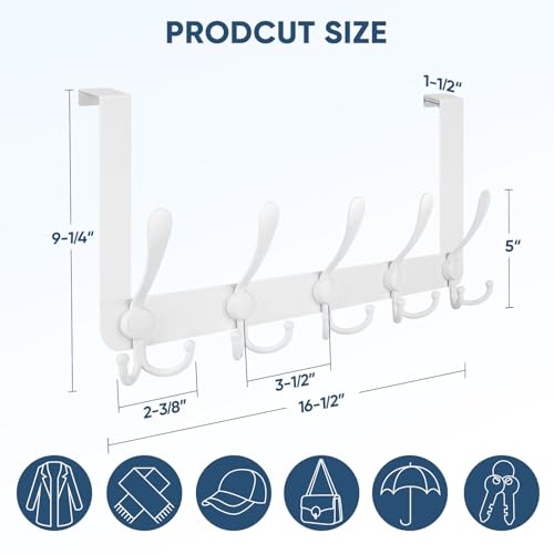 TICONN Over The Door Hooks, 5 Heavy Duty Tri Coat Rack All Metal Coat Hanger for Bathroom Bedroom Dorm (White, 1PK, Fit 1-3/8" Doors) - Image 2