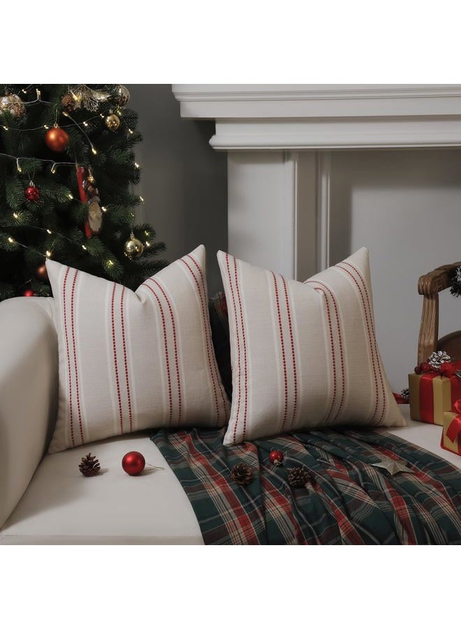 Hckot Christmas Throw Pillow Covers 20x20 Set of 2 Red Striped Pillow Covers Textured Linen Xmas Decorations Pillows Farmhouse Winter Holiday Decor for Sofa Living Room (Red) - Image 2