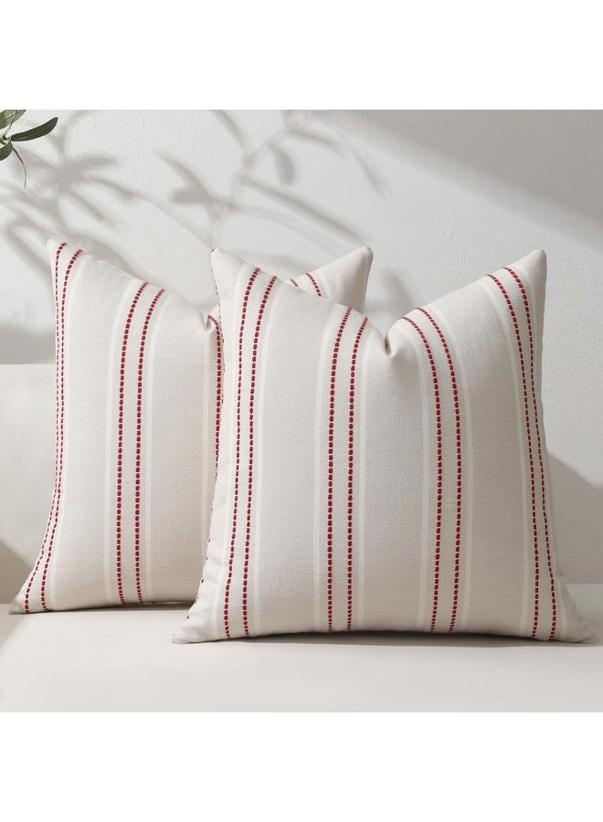 Hckot Christmas Throw Pillow Covers 20x20 Set of 2 Red Striped Pillow Covers Textured Linen Xmas Decorations Pillows Farmhouse Winter Holiday Decor for Sofa Living Room (Red) - Image 1