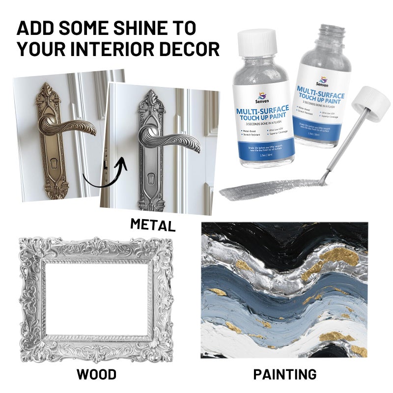 SENVEN Liquid Silver Leaf Paint High Gloss Multi Surface Rich Silver Paint for Metal, Wood, Plastic, Canvas, Appliance, Furniture Scratch Repair & Art Handcrafts 30ml/1.5oz Fast Drying Acrylic Metallic Finish - Image 3