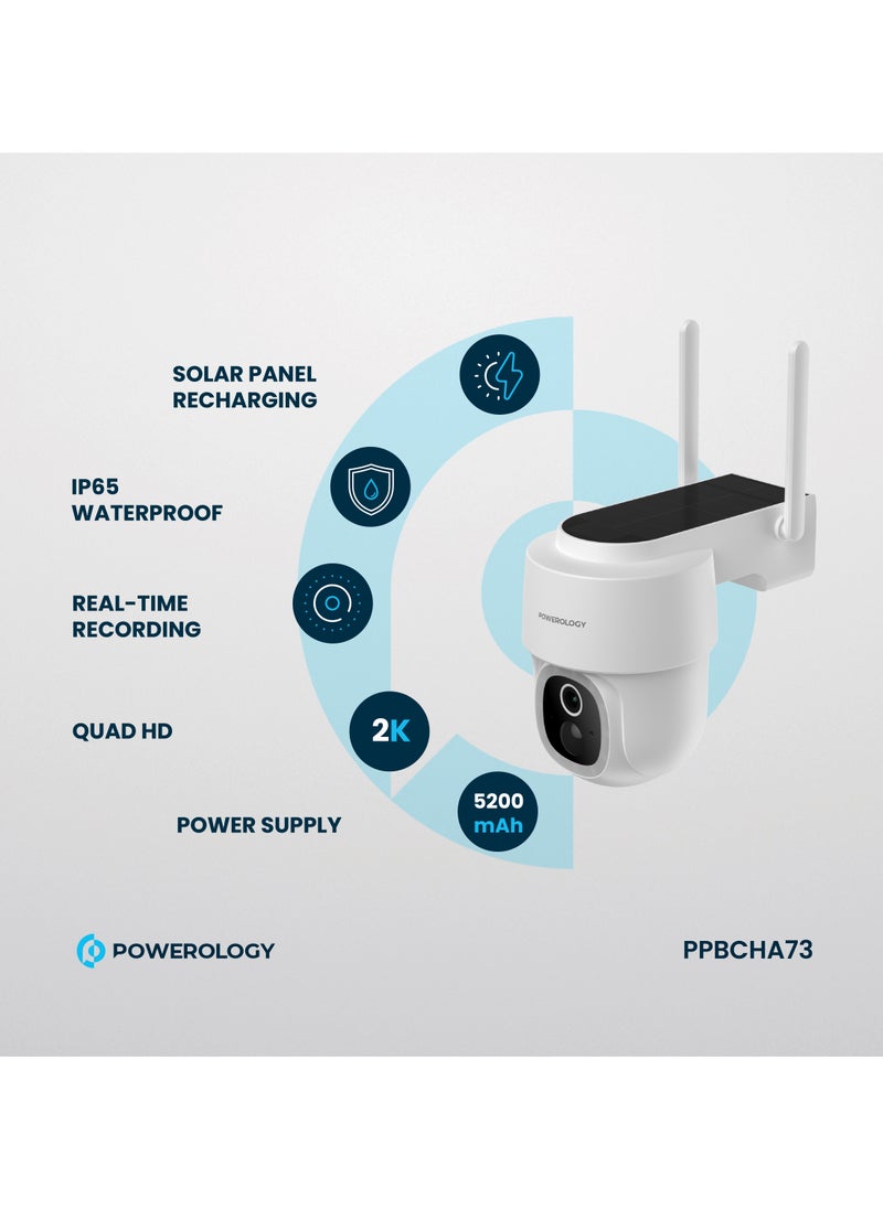 Powerology Outdoor Camera with Built-in Solar Panel & Tilt Function / 5200mAh / IR Night Vision / Two-Way Audio / Motion Detection / High Quality Camera /10Meter Infrared Recording Distance / IP65 Water & Dust Resistance Safety Camera - White  - Image 2