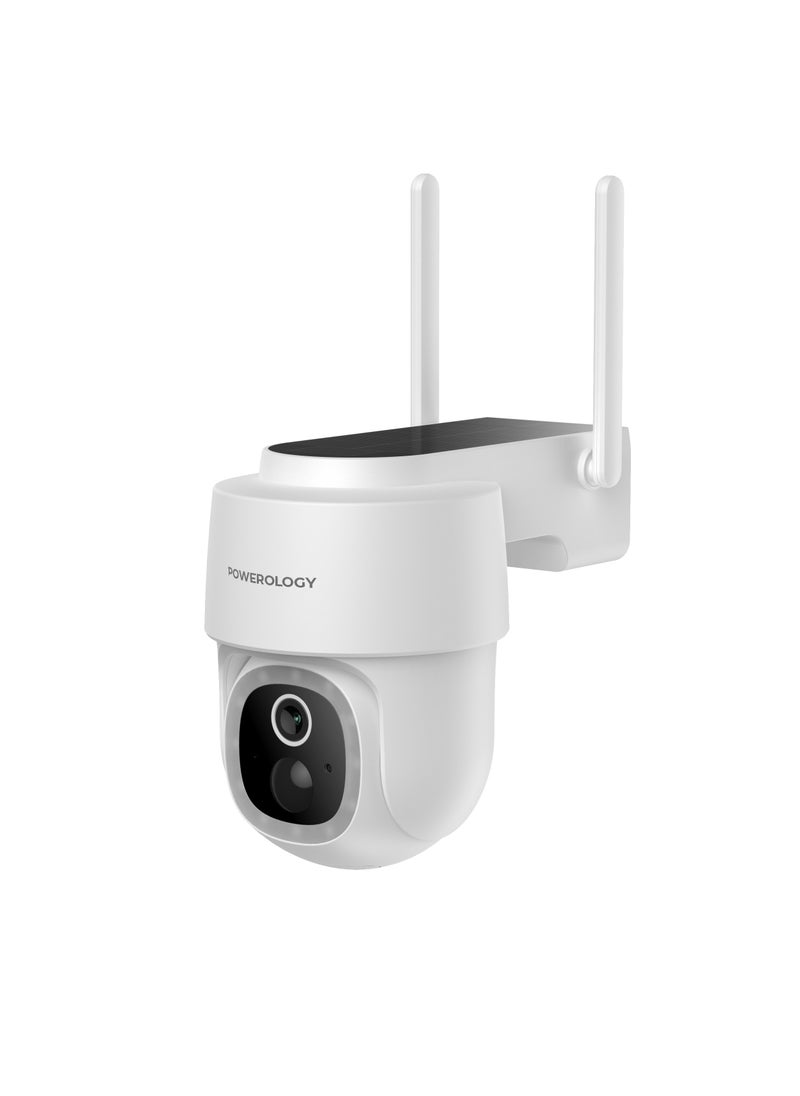 Powerology Outdoor Camera with Built-in Solar Panel & Tilt Function / 5200mAh / IR Night Vision / Two-Way Audio / Motion Detection / High Quality Camera /10Meter Infrared Recording Distance / IP65 Water & Dust Resistance Safety Camera - White  - Image 1