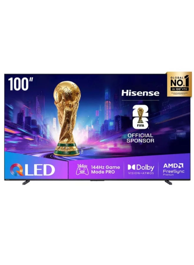 هايسنس تلفاز ذكي 100 بوصة QLED، VIDAA U8، Dolby Atmos، وضع الألعاب المحترف 144Hz، لون النقطة الكمومية، مضخم صوت مدمج، مجموعة كاملة، تكيف ذكي بالذكاء الاصطناعي - Image 1