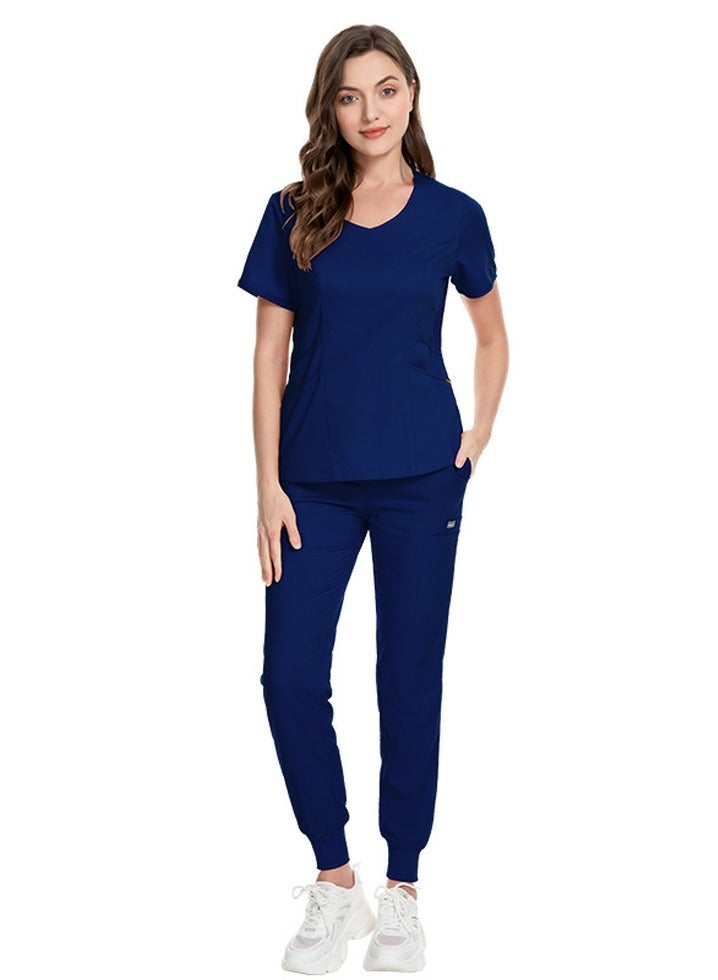 Loquat Medical Uniform Scrubs 2 Piece Set V-Neck Top and Elastic Waist Jogger Pants Suit Navy Blue - Image 1