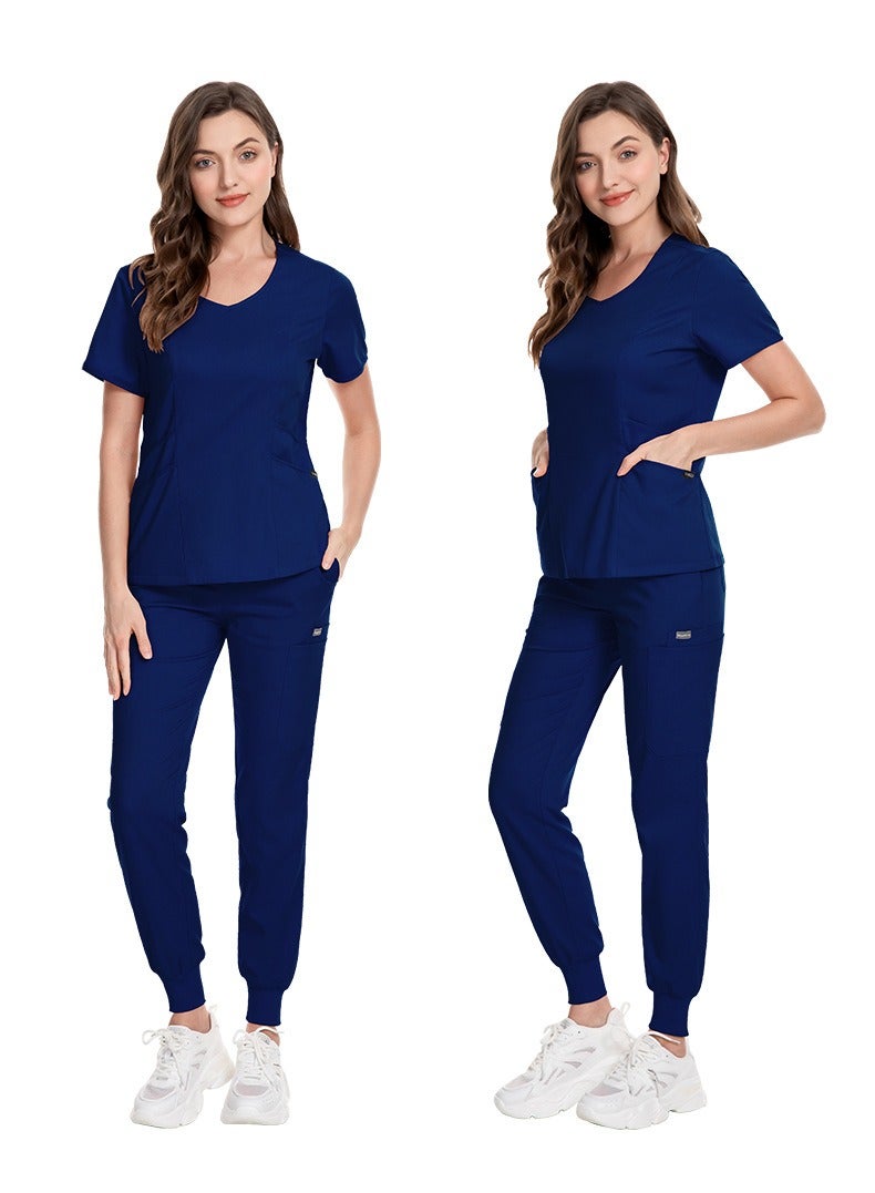 Loquat Medical Uniform Scrubs 2 Piece Set V-Neck Top and Elastic Waist Jogger Pants Suit Navy Blue - Image 2