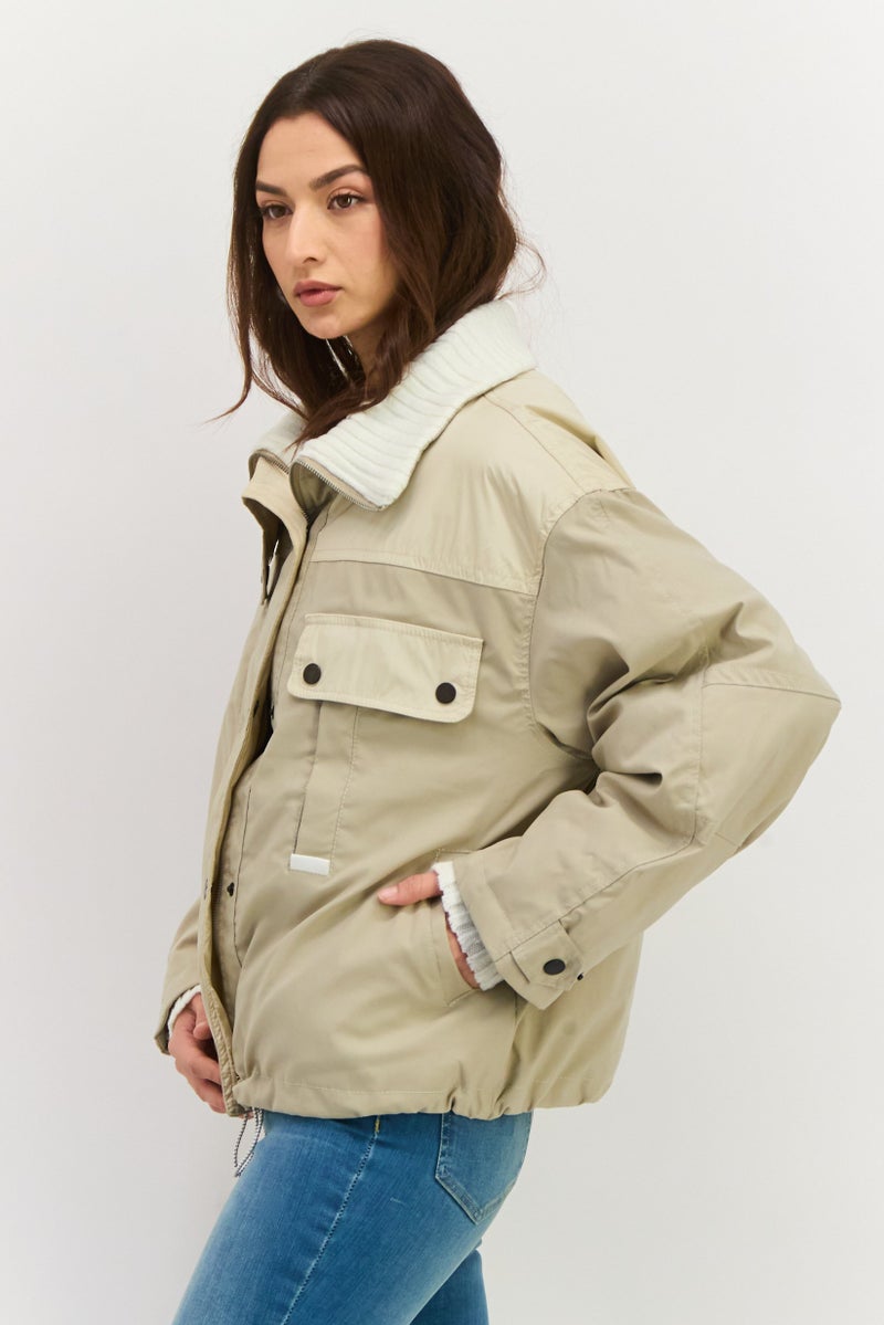 En Saison Women Padded Long Sleeve Solid Jacket Shirt, Beige - Image 4