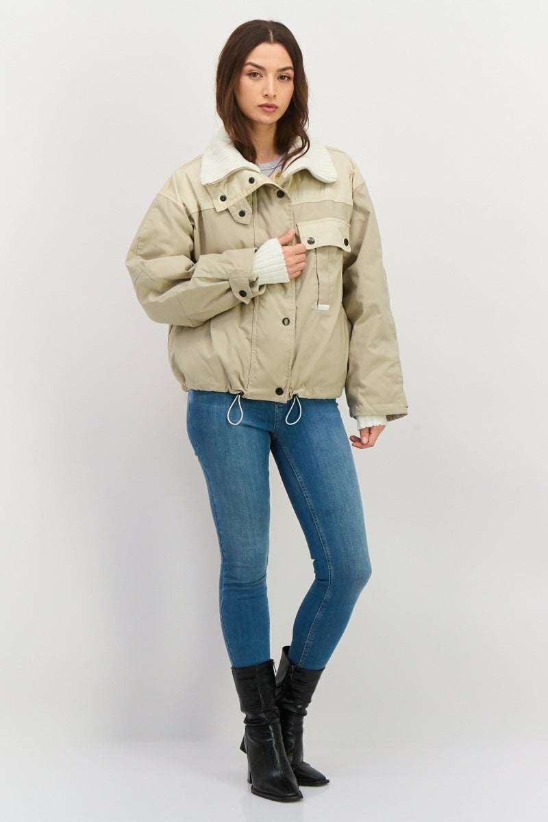 En Saison Women Padded Long Sleeve Solid Jacket Shirt, Beige - Image 3