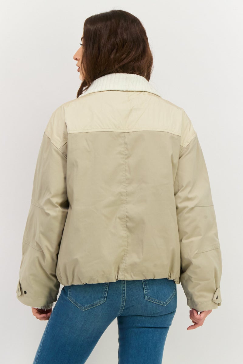 En Saison Women Padded Long Sleeve Solid Jacket Shirt, Beige - Image 2