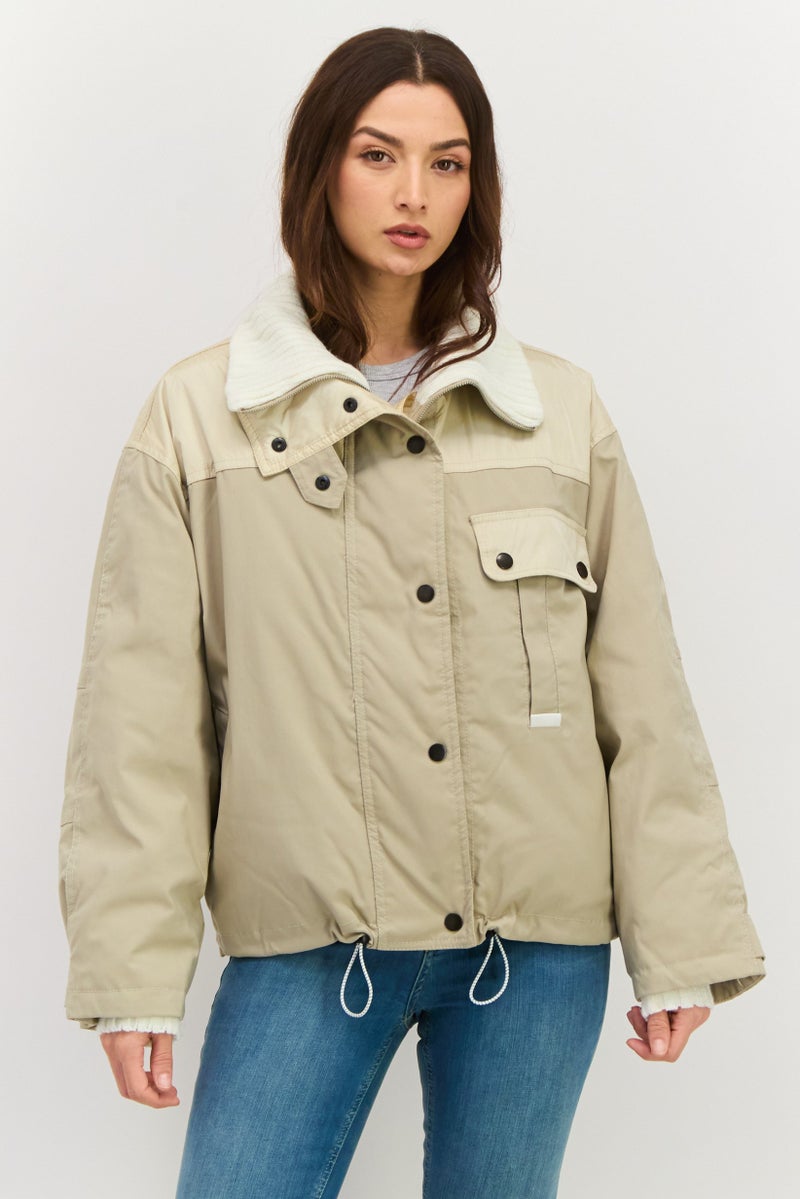 En Saison Women Padded Long Sleeve Solid Jacket Shirt, Beige - Image 1