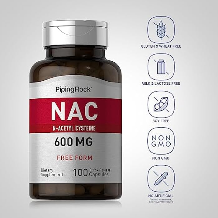Piping Rock مكمل بايبينغ روك NAC N-أسيتيل سيستين | 600 ملغ | 100 كبسولة | أقراص حرة الشكل | مكمل خالي من الكائنات المعدلة وراثيًا وخالي من الغلوتين - Image 3