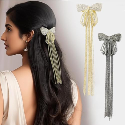 Melodio 2PCS Elegant Bow Tassel Hair Clip for Women – Luxury Metal Spring Barrette, French Style Ribbon Bow Hair Accessories for Wedding, Party, Daily Hairstyles - Image 5