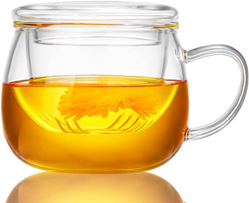 WHJY Glass Tea Cup with Infuser and Lid, 12 ounce Glass Tea Cups with Strainer, Loose Leaf Tea Cup Mug for One, Lead-free Borosilicate Glass Teacups, Heat Resistance, Microwave & Dishwasher Safe - Image 1